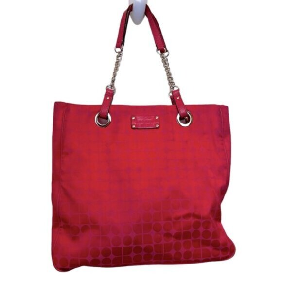 Kate Spade Pink Jacquard Pink Canvas Chain Strap Tote Shoulder Bag Leather Print - Picture 1 of 16